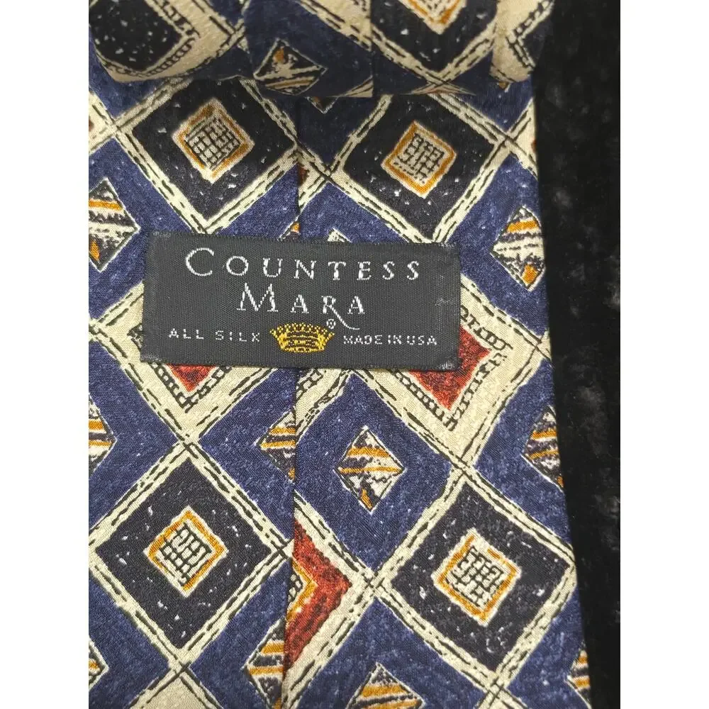VTG Countess Mara Silk Tie Blue  Geometric Mosaic Diamond Gold Coin Crest USA